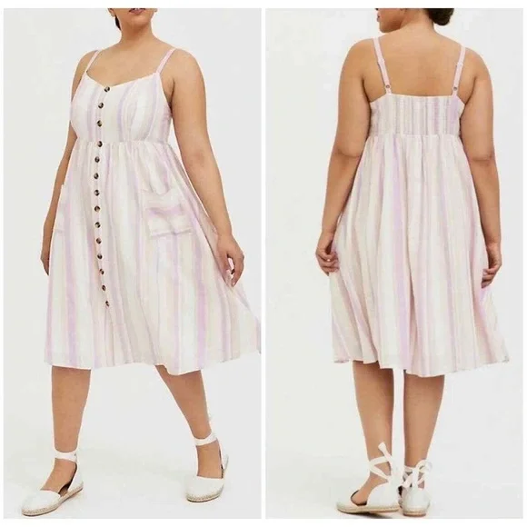 Torrid linen cotton Pastel Striped Midi Dress with pockets - Picture 2 of 7